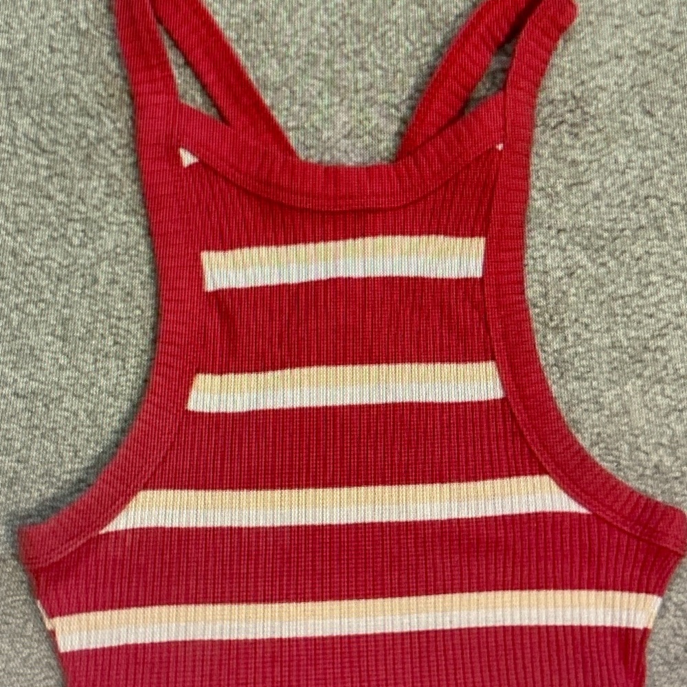 Me to We Red Striped Ribbed Tank Top with White and Yellow Stripes